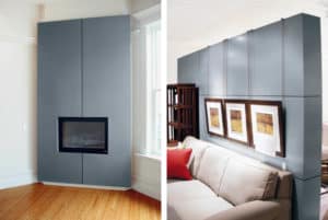 Bild links: eine vollfächige Wandverkleidung für den Kamin aus Zink sieht sehr elegant aus. Bild rechts: Aus Zink lassen sich Raumteiler realisieren, die Wohn- und Essbereich strukturieren.