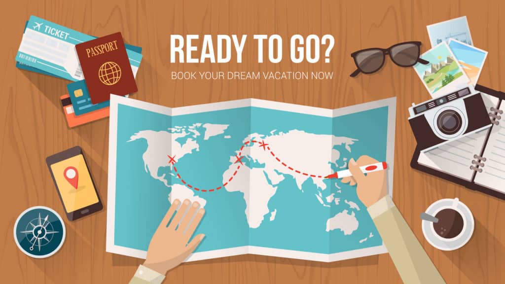 Apps unterstützen die Urlaubsplanung. Grafik: Weltkarte, Kompass, Tickets, reisepass, Sonnebrille, Terminplaner und Postkarte auf einem Schreibtisch. Ready to go? Book your Dream Vacation now.