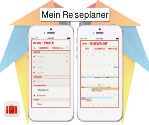 Hilfreiche Apps für den Urlaub: Hier Smartphone Abbildung mit "Mein Reiseplaner" App. Links Packliste, rechts Kalender.