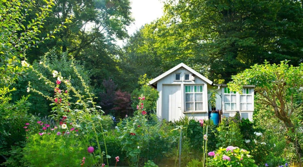 Kleines weißes Gartenhaus zwischen vielen Stauden – Cottage Gärten