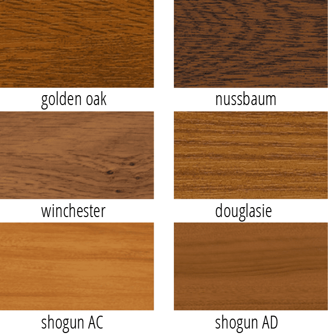 Darstellung von sechs verschiedenen Holzarten zur Gestaltung von Fensterprofilen