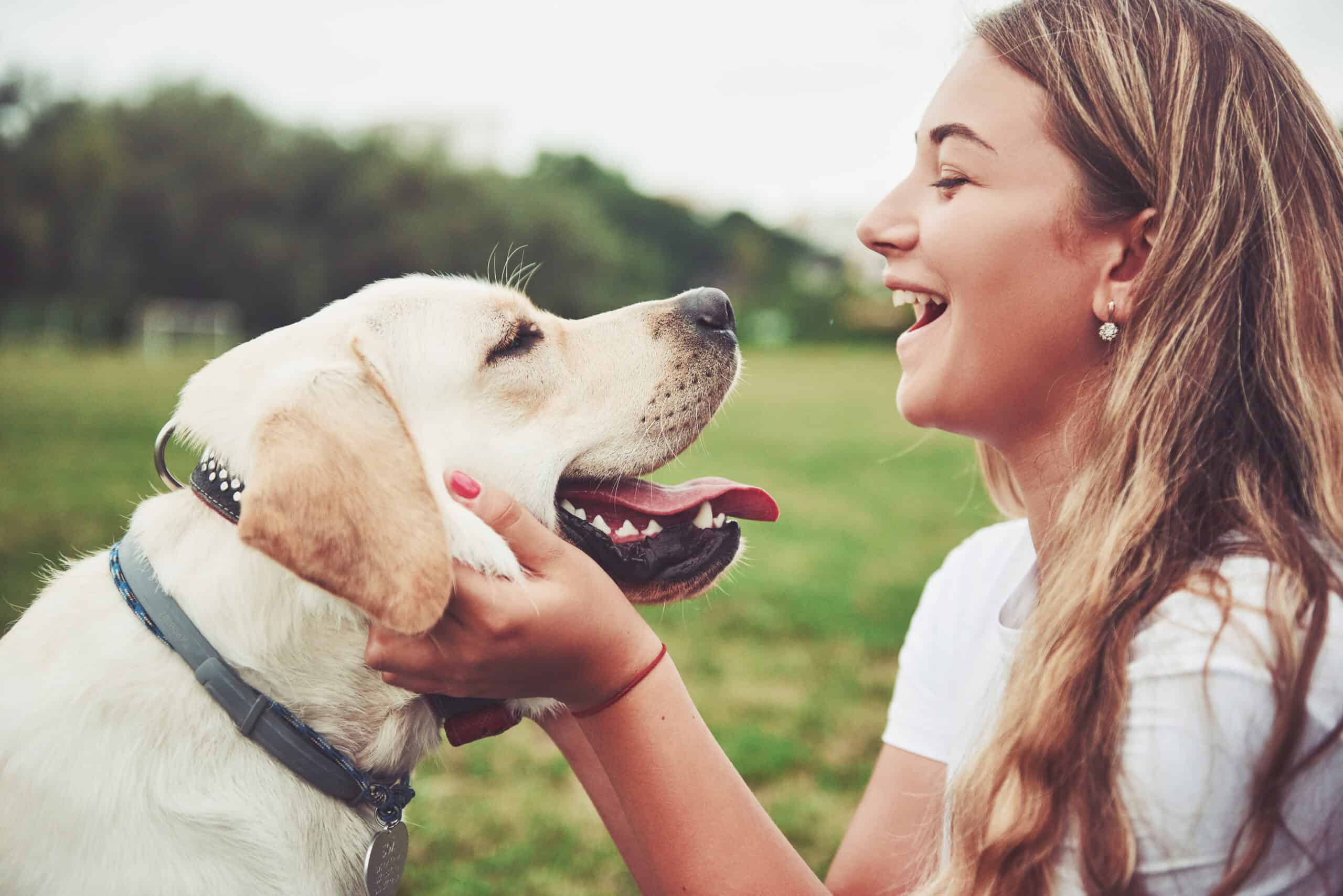 Ein sicherer Garten für den Hund: Mädchen und Hund lächeln sich im Garten an