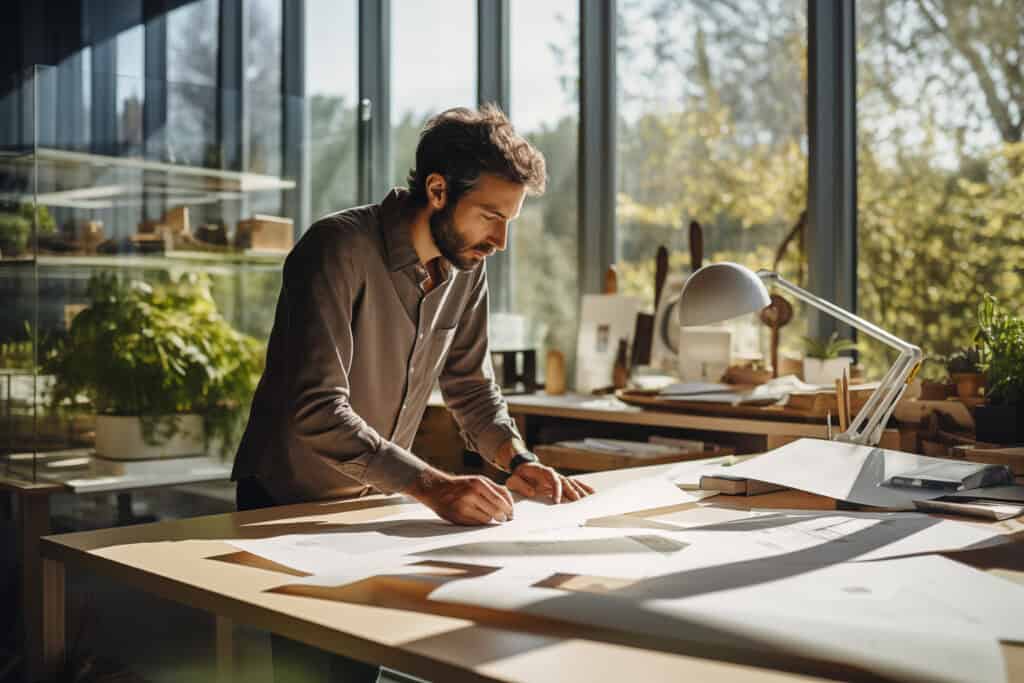 Ein Architekt, der an seinem Schreibtisch ein neues Gebäude plant, konzentriert sich darauf, nachhaltig zu bauen.