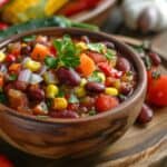 Bunte vegetarische Gemüsepfanne mit Bohnen, Mais, Paprika und Zwiebeln in einer Holzschale serviert