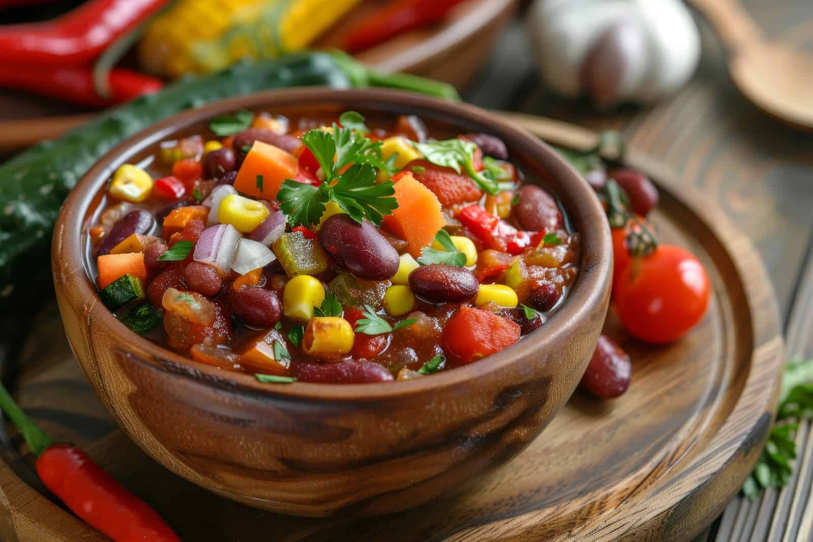 Vegetarische Bohnengemüsepfanne in Holzschale Bunte vegetarische Gemüsepfanne mit Bohnen, Mais, Paprika und Zwiebeln in einer Holzschale serviert