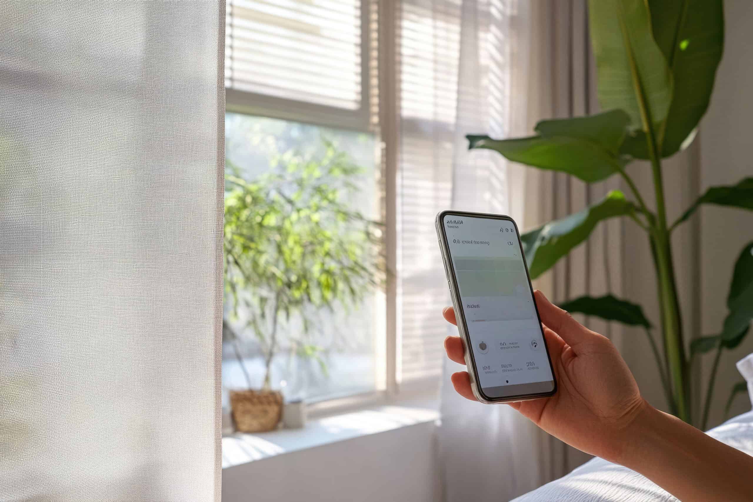 Person uses a smartphone app to control smart blinds near a window. Ein Handy in der Hand steuert die smarten Kunststofffenster