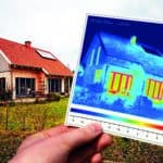 Thermografieaufnahme eines Einfamilienhauses mit Wärmeverlusten an alten Fenstern, daneben reale Hausansicht bei Tageslicht
