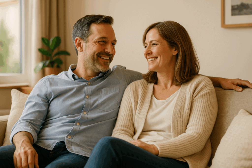 Ein lächelndes Paar sitzt gemeinsam auf einem Sofa und genießt einen entspannten Moment zu Hause