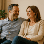 Ein lächelndes Paar sitzt gemeinsam auf einem Sofa und genießt einen entspannten Moment zu Hause