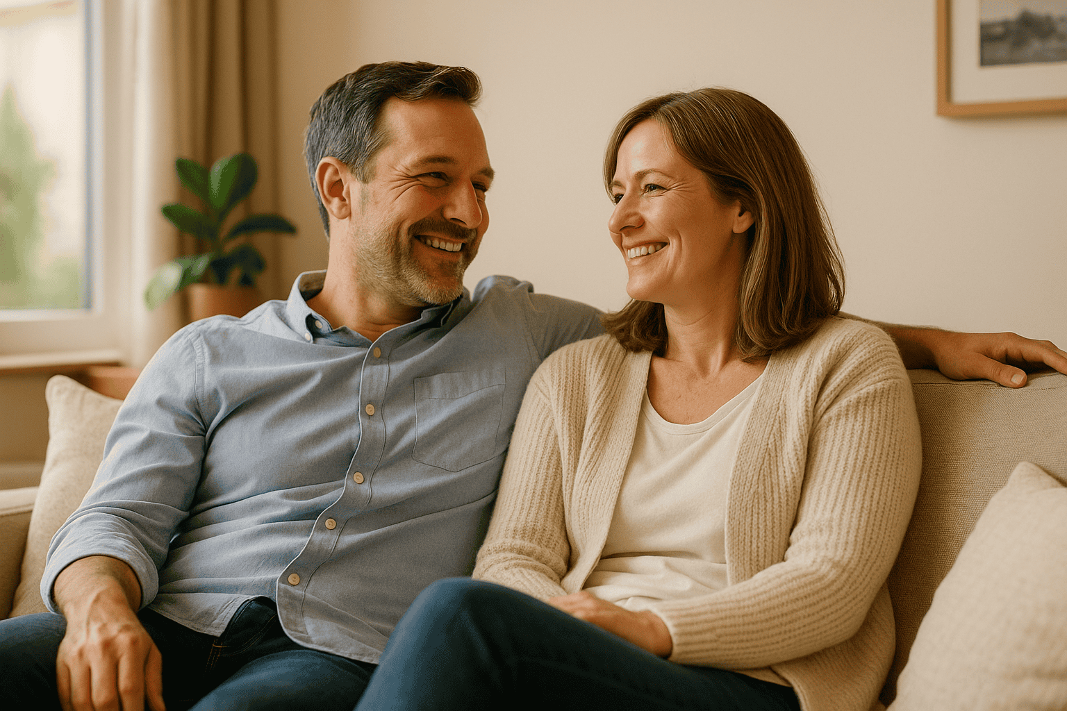 Ein lächelndes Paar sitzt gemeinsam auf einem Sofa und genießt einen entspannten Moment zu Hause