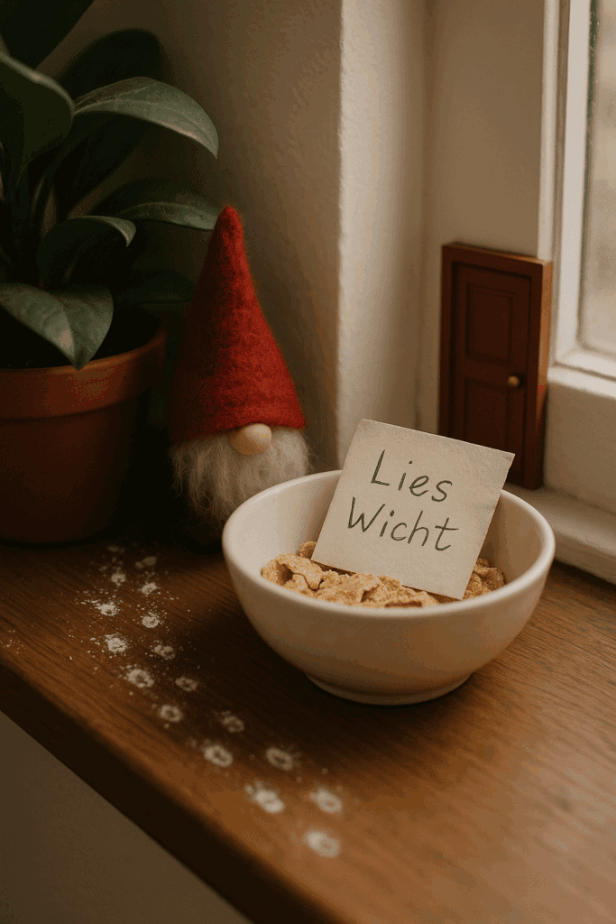 Ultrarealistische Szene mit Wichtelmütze hinter einer Zimmerpflanze, winzigen Fußspuren auf dem Fensterbrett, kleiner Wichteltür und einem Brief in der Frühstücksschüssel als Hinweis auf die Wichteltradition in der Adventszeit.