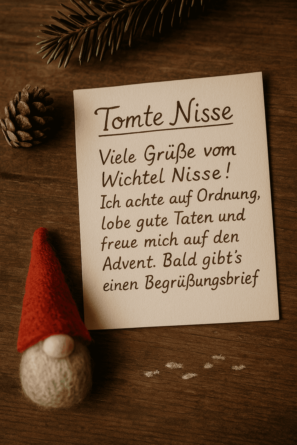 Ultrarealistische Szene mit handgeschriebenem Wichtelbrief an „Tomte Nisse“, umgeben von Tannenzweig, Zapfen, Filz-Wichtel und kleinen Fußspuren – Symbol für Wichtelrituale, Namenswahl und skandinavische Tradition.