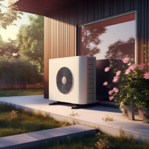 Außen aufgestellte Luft-Wasser-Wärmepumpe an einem Wohnhaus, geeignet für den Einsatz im Altbau