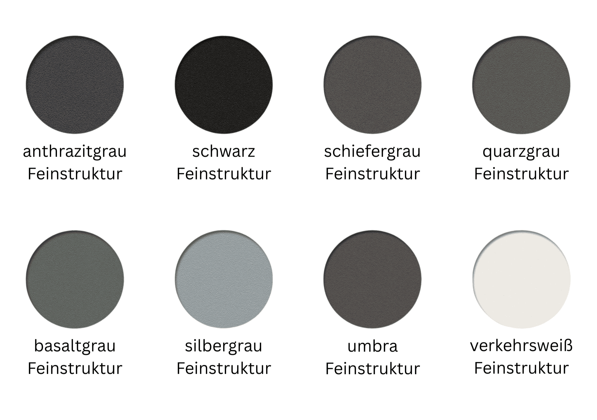 Farbpalette für Kunststofffenster mit acht matten Feinstruktur Trendfarben von Anthrazitgrau bis Verkehrsweiß