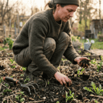 Nahaufnahme von zwei Händen, die im Frühjahr dunkle, krümelige Gartenerde prüfen. Daneben liegt ein Handgrubber auf dem teilweise geräumten Beet. Weiches Morgenlicht fällt durch kahle Äste und wirft sanfte Schatten über die Szene.