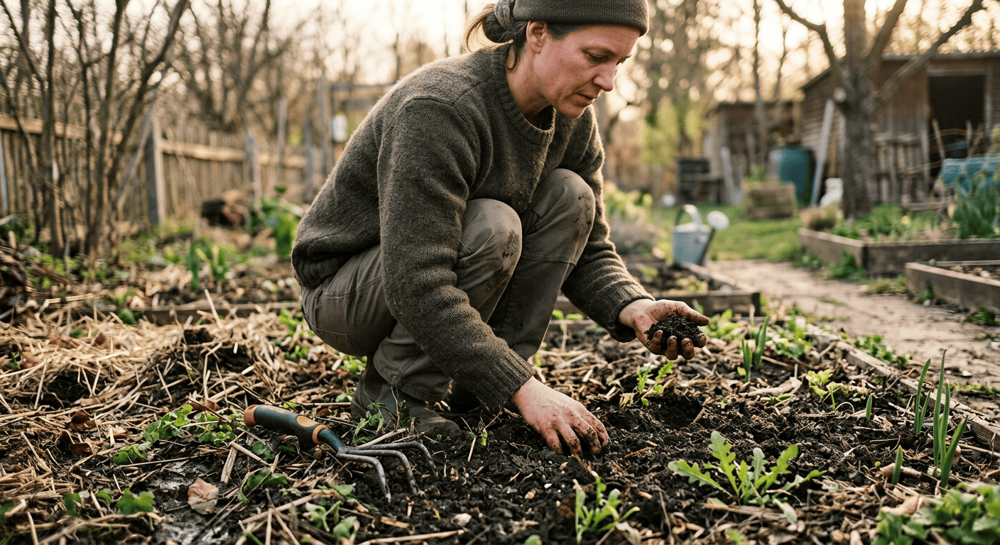 Nahaufnahme von zwei Händen, die im Frühjahr dunkle, krümelige Gartenerde prüfen. Daneben liegt ein Handgrubber auf dem teilweise geräumten Beet. Weiches Morgenlicht fällt durch kahle Äste und wirft sanfte Schatten über die Szene.