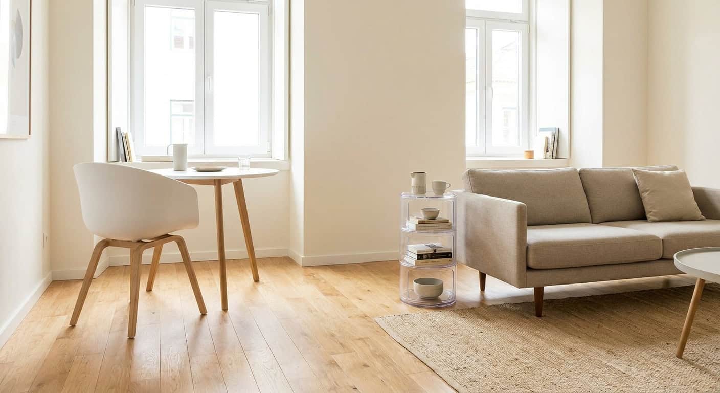 Kompakter Wohn-Essbereich mit einem runden Esstisch auf dünnen Eichenbeinen, einem Sofa mit sichtbaren Holzfüßen und einem transparenten Beistelltisch. Der helle Parkettboden ist unter allen Möbeln sichtbar, der Raum wirkt luftig und offen.
