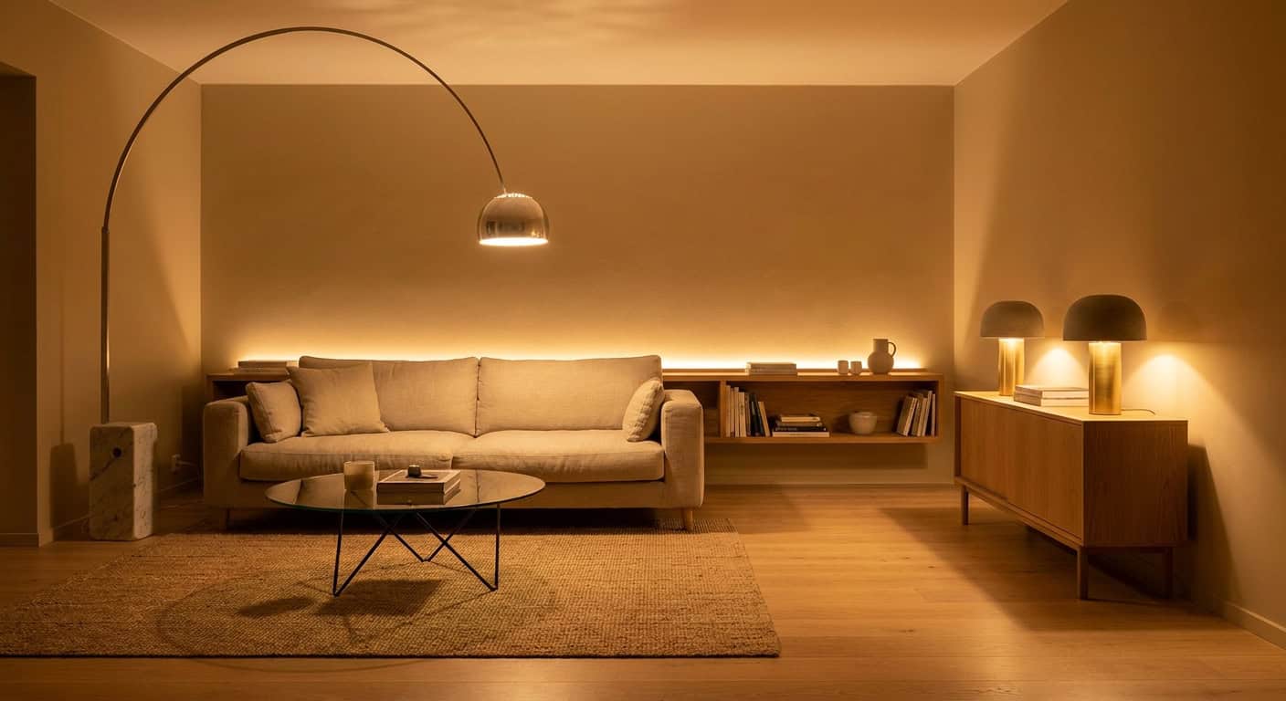 Kleines Wohnzimmer am Abend mit mehreren Lichtquellen: eine Bogenleuchte über dem Leinensofa, zwei Tischleuchten auf dem Sideboard und ein LED-Streifen hinter einem schwebenden Wandregal. Warmes, indirektes Licht löst die Raumecken auf.