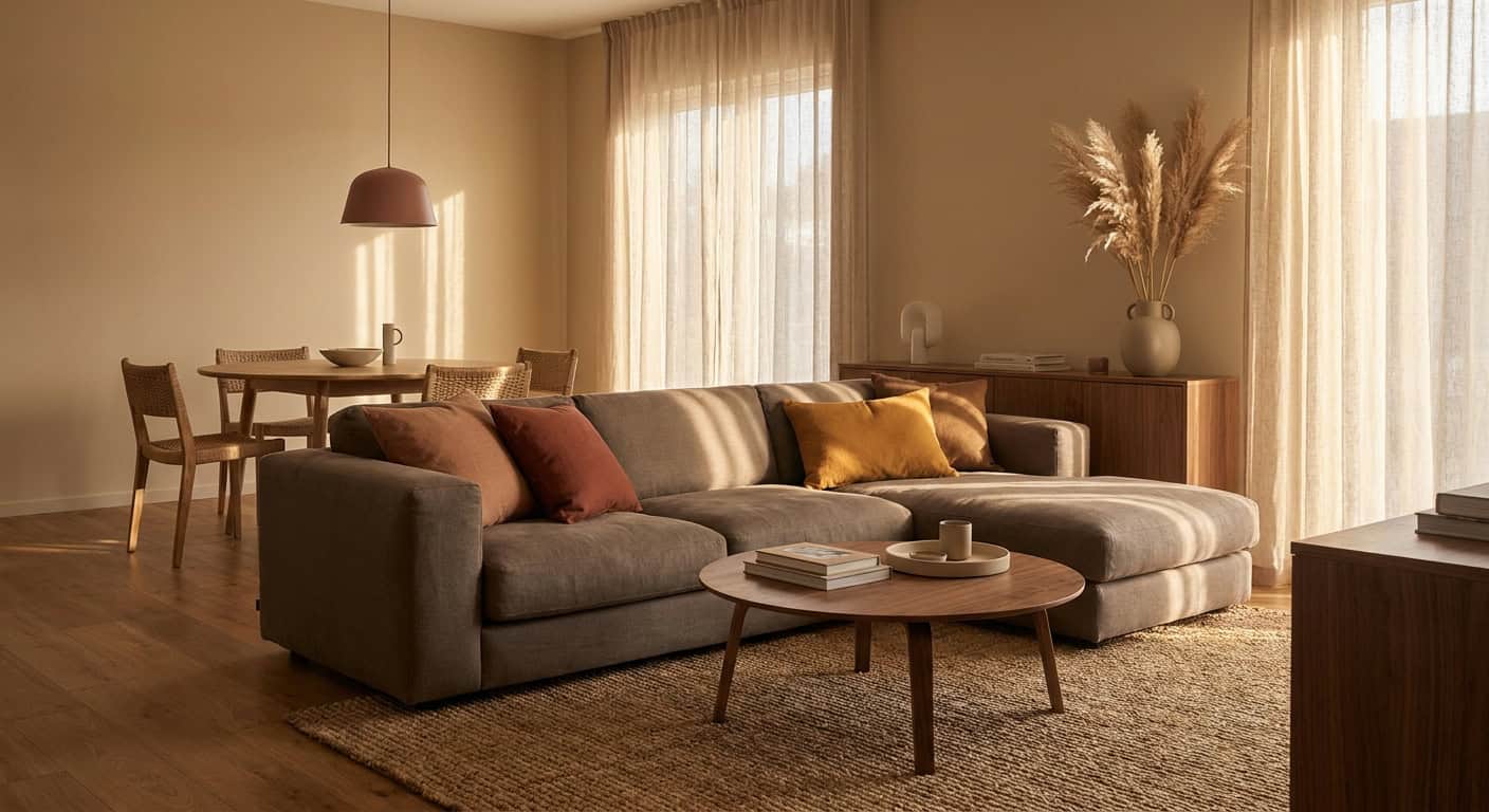 Wohnzimmer in durchgängigen Erdtönen: sandfarbene Wände, taupefarbenes Leinensofa mit Terrakotta- und Ockerkissen, runder Nussbaum-Couchtisch und Juteteppich auf Eichenparkett. Warmes Nachmittagslicht fällt durch helle Leinenvorhänge.