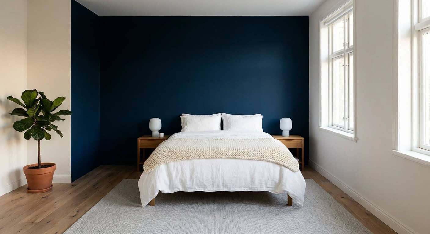 Schlafzimmer mit einer tiefblauen Akzentwand hinter dem Bett und drei weißen Wänden. Weiße Leinenbettwäsche, cremefarbener Stricküberwurf, Eichen-Nachttische mit Glasleuchten und eine Feigenpflanze im Tonkrug in der Ecke.