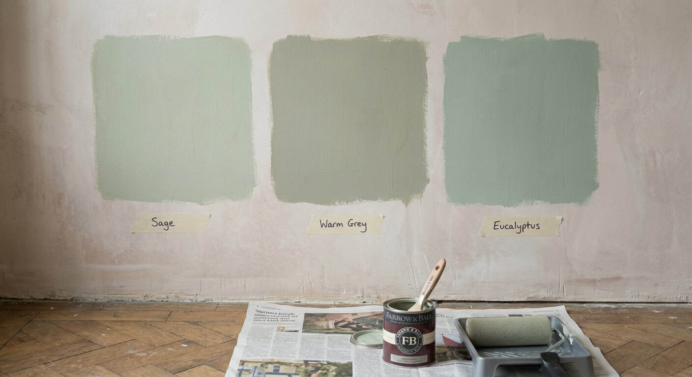 Wandausschnitt mit drei nebeneinander aufgetragenen Farbproben in verschiedenen Salbeigrün-Nuancen, jeweils mit handgeschriebenen Etiketten auf Malerkrepp. Darunter auf dem Parkettboden ein Farb-Probetöpfchen und eine kleine Schaumstoffrolle auf Zeitungspapier.