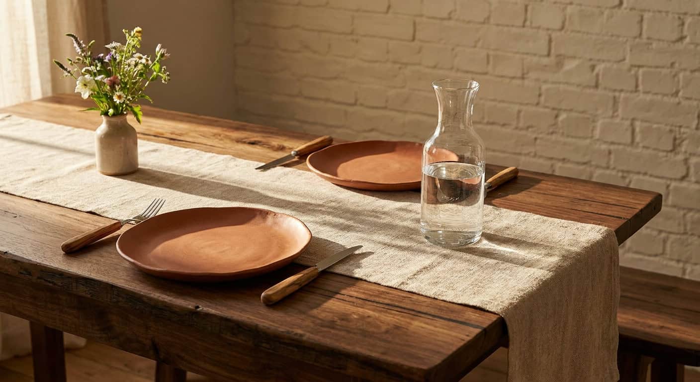 Esstisch-Szene mit Materialmix: dunkler Nussbaum-Tisch, naturbelassener Leinentischläufer, handgemachte Keramikteller in mattem Terrakotta, mundgeblasene Glaskaraffe und Wildblumen in einer kleinen Vase. Dahinter eine rau gekalkte Ziegelwand.
