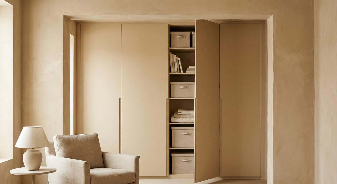 Maßgefertigter Einbauschrank in einer Wandnische, dessen Türen im gleichen Sandton wie die Wand gestrichen sind und bündig abschließen. Eine Tür ist leicht geöffnet und zeigt ordentliche Regalfächer mit Boxen und Büchern. Keine sichtbaren Griffe.
