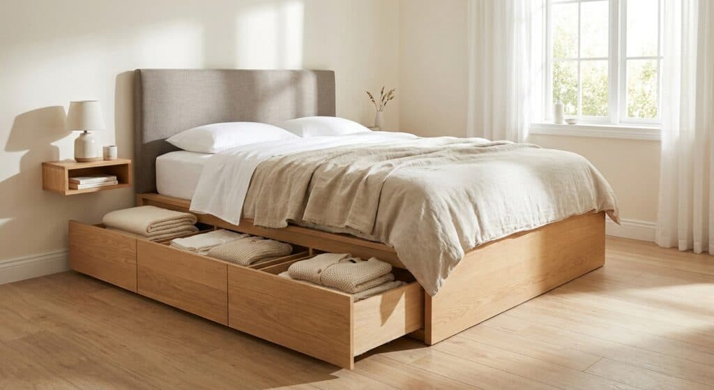 Kompaktes Schlafzimmer mit einem modernen Plattformbett, dessen Seitenschublade geöffnet ist und ordentlich gefaltete Bettwäsche zeigt. Grau-leinenes Kopfteil, weiße Bettwäsche und ein wandmontiertes Eichenregal als Nachttisch. Helles Morgenlicht durch transparente Vorhänge.