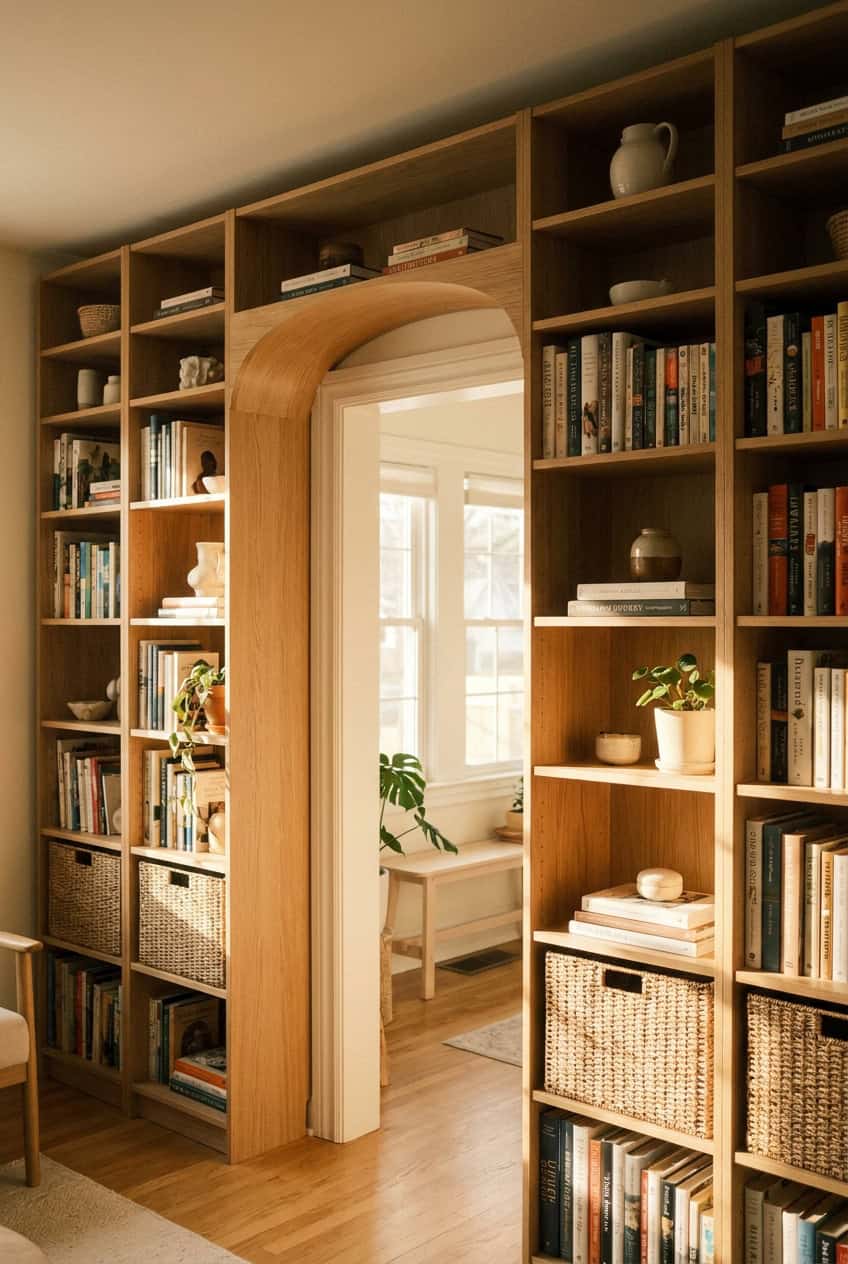 Raumhohe Eichenregale umrahmen eine Zimmertür wie ein Bogen, gefüllt mit Büchern in Gruppen, Keramikobjekten, kleinen Pflanzen und geflochtenen Körben. Durch die Tür ist der angrenzende Raum sichtbar. Warmes Nachmittagslicht beleuchtet die Regalinhalte.