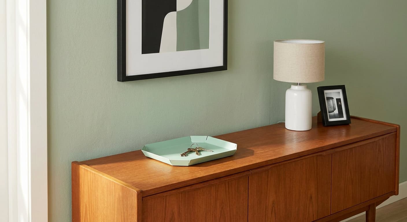 Teak-Sideboard aus den Sechzigerjahren mit konischen Beinen vor einer salbeigrün gestrichenen Wand. Darauf moderne Accessoires: ein mintgrünes Designtablett, eine weiße Keramiklampe mit Leinenschirm und ein gerahmtes Schwarz-Weiß-Foto. Darüber ein minimalistisches Kunstwerk.