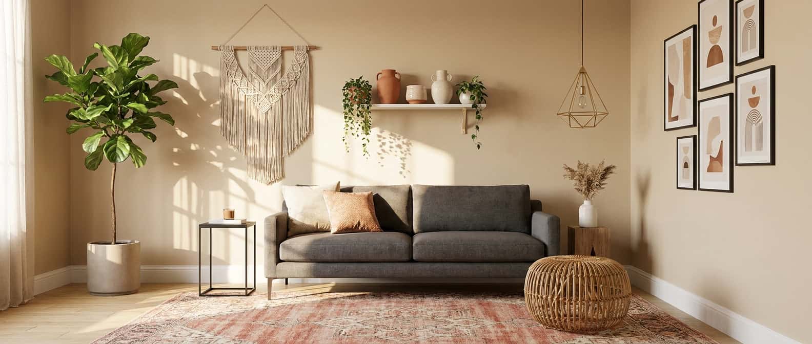 Wohnzimmer mit Stilmix aus Modern und Boho: graues Sofa auf einem verblassten Perserteppich in Terrakotta und Creme, Makramee-Wandbehang, handgemachte Keramiktöpfe und ein Rattanhocker neben einem schlanken Metalltisch und geometrischer Pendelleuchte. Durchgängig warme Erdtöne.