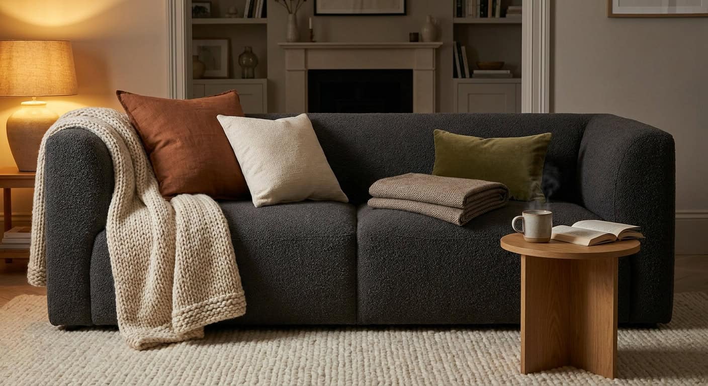 Tiefes Bouclé-Sofa in warmem Anthrazit mit mehreren Textilschichten: cremefarbene Strickdecke über der Armlehne, drei Kissen in Rost, Creme und Olivgrün, eine Fischgrat-Wolldecke auf der Sitzfläche. Davor ein handgetufteter Wollteppich. Warmes Lampenlicht, daneben eine Tasse auf einem Eichen-Beistelltisch.