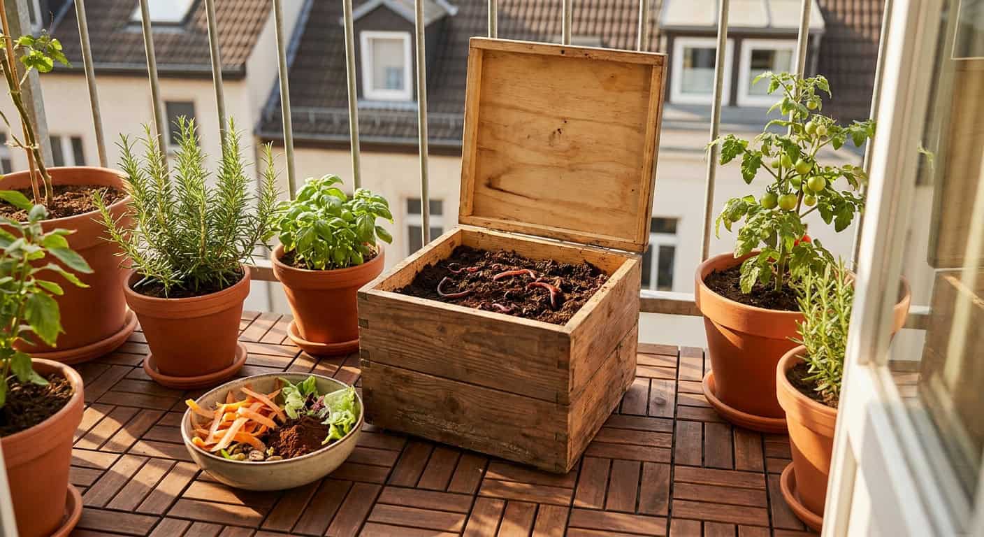 Kompakte Holz-Wurmkiste mit geöffnetem Deckel auf einem kleinen Stadtbalkon zwischen Topfkräutern und Kirschtomaten. Im Inneren dunkler Wurmkompost mit sichtbaren roten Kompostwürmern. Daneben eine Schale mit Gemüseresten. Warmes Nachmittagslicht, Dachlandschaft im Hintergrund.