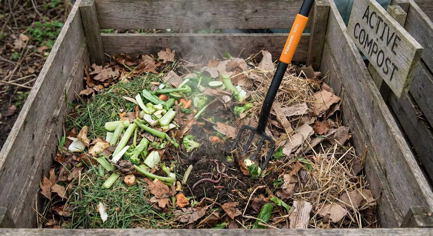 Blick von oben auf einen geöffneten Kompostbehälter mit sichtbarer Mischung aus grünem Grasschnitt und Gemüseresten sowie braunem Laub, Stroh und Karton. Dampf steigt aus der Mitte auf, eine Kompostgabel steckt im Material, einzelne Regenwürmer sind sichtbar.