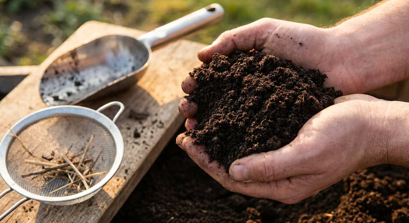 Zwei Hände halten eine großzügige Portion fertigen Kompost: dunklen, krümeligen Humus ohne erkennbare Ausgangsmaterialien. Daneben auf einem Holzbrett ein Kompostsieb mit gröberen Resten. Warmes Seitenlicht betont die Struktur des Humus.