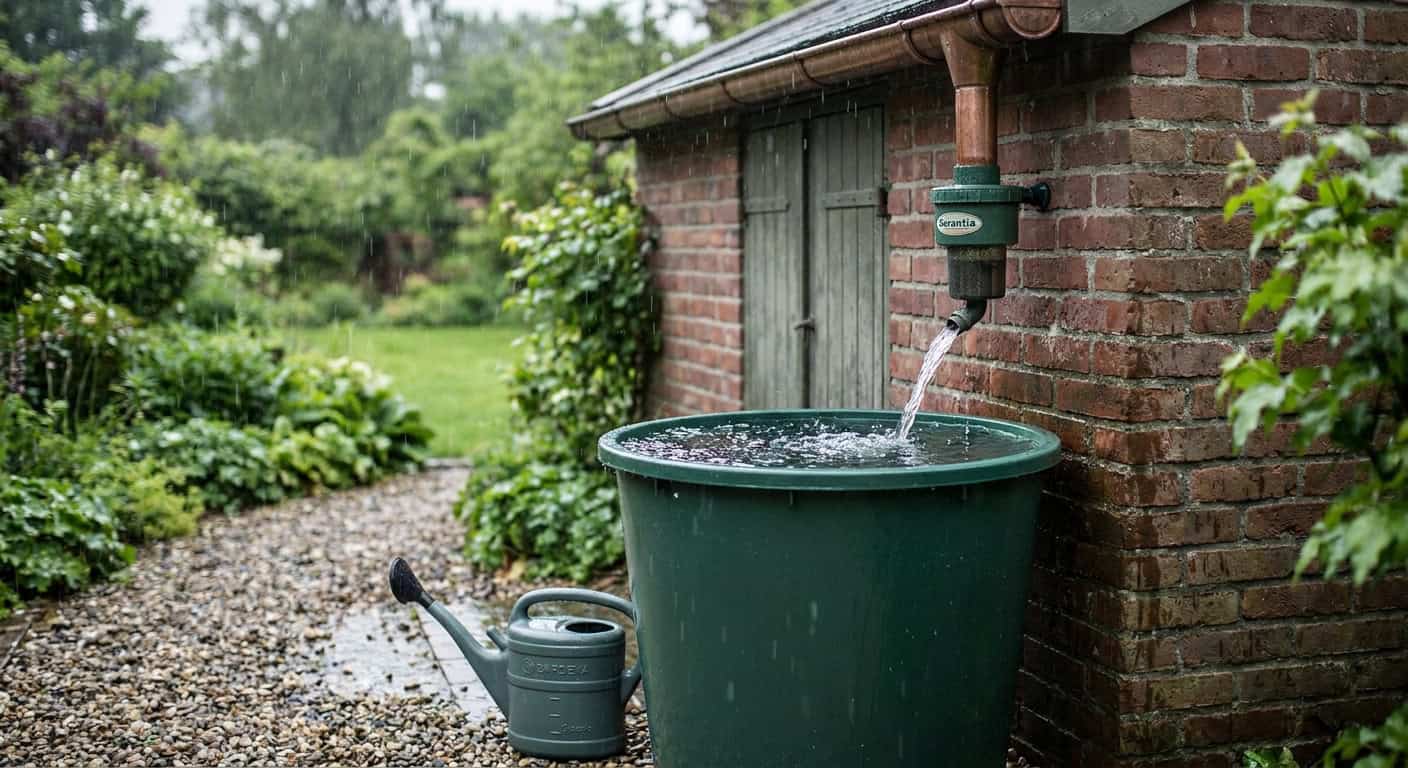 Große grüne Regentonne an einem Kupfer-Fallrohr einer Gartenhütte, Regenwasser fließt aktiv durch einen Filter in die Tonne. Regentropfen in der Luft, eine gefüllte Gießkanne steht auf dem nassen Kiesweg daneben. Üppiger grüner Garten im Hintergrund.