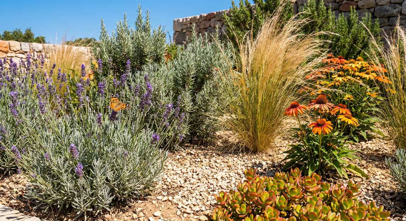 Sonnendurchflutetes Gartenbeet mit blühendem Lavendel, Rosmarin, Federgras, Sonnenhut und Fetthenne auf Kiesmulch. Tiefblauer Sommerhimmel, ein Schmetterling auf dem Lavendel, keine Bewässerung sichtbar. Die Pflanzen strahlen trotz Hitze Vitalität aus.