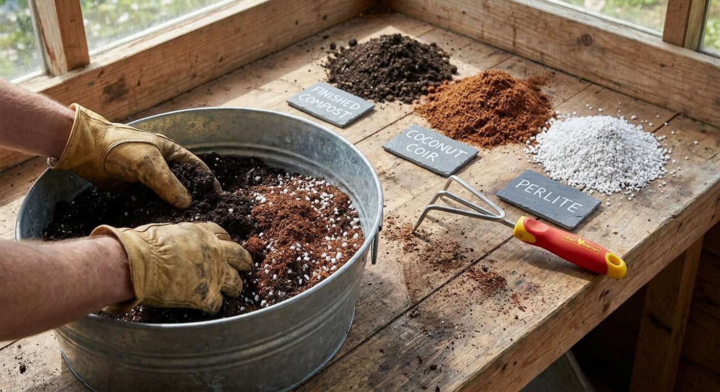 Holztopfbank mit drei Häufchen Substratbestandteile: dunkler Kompost, braune Kokosfasern und weißes Perlite. Hände in Gartenhandschuhen mischen die Zutaten in einer Metallwanne. Schiefertäfelchen beschriften die Materialien, ein Handgrubber liegt daneben.