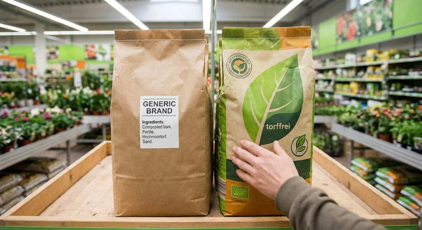 Zwei Säcke Blumenerde nebeneinander im Gartencentral-Regal: links ein Sack mit Hochmoortorf in der Zutatenliste, rechts ein Sack mit deutlich sichtbarem „torffrei"-Siegel. Eine Hand greift nach dem torffreien Produkt.