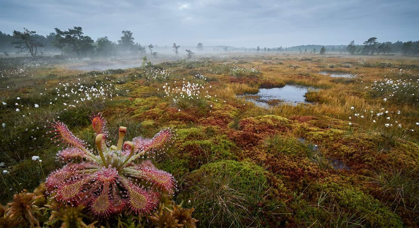 Weite Hochmoorlandschaft in Norddeutschland mit Torfmoosen in Grün, Rot und Gold, weißen Wollgras-Köpfen und dunklen Wasserflächen. Im Vordergrund eine Sonnentau-Pflanze mit glitzernden Klebetröpfchen. Morgennebel schwebt über der Moorfläche.