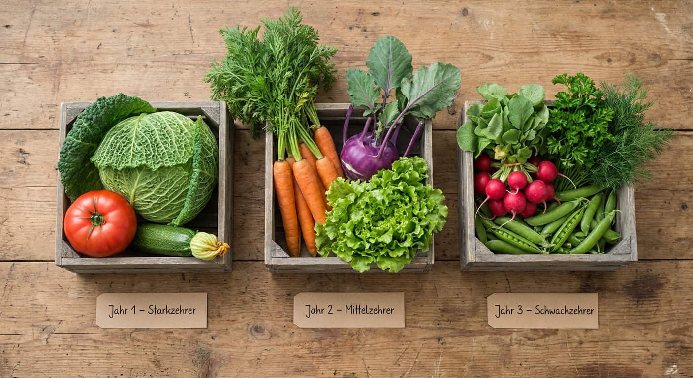 Drei Holzkisten in einer Reihe auf einem Tisch: links Starkzehrer (Tomate, Zucchini, Kohl), Mitte Mittelzehrer (Möhren, Kohlrabi, Salat), rechts Schwachzehrer (Radieschen, Erbsen, Kräuter). Handgeschriebene Etiketten vor jeder Kiste.