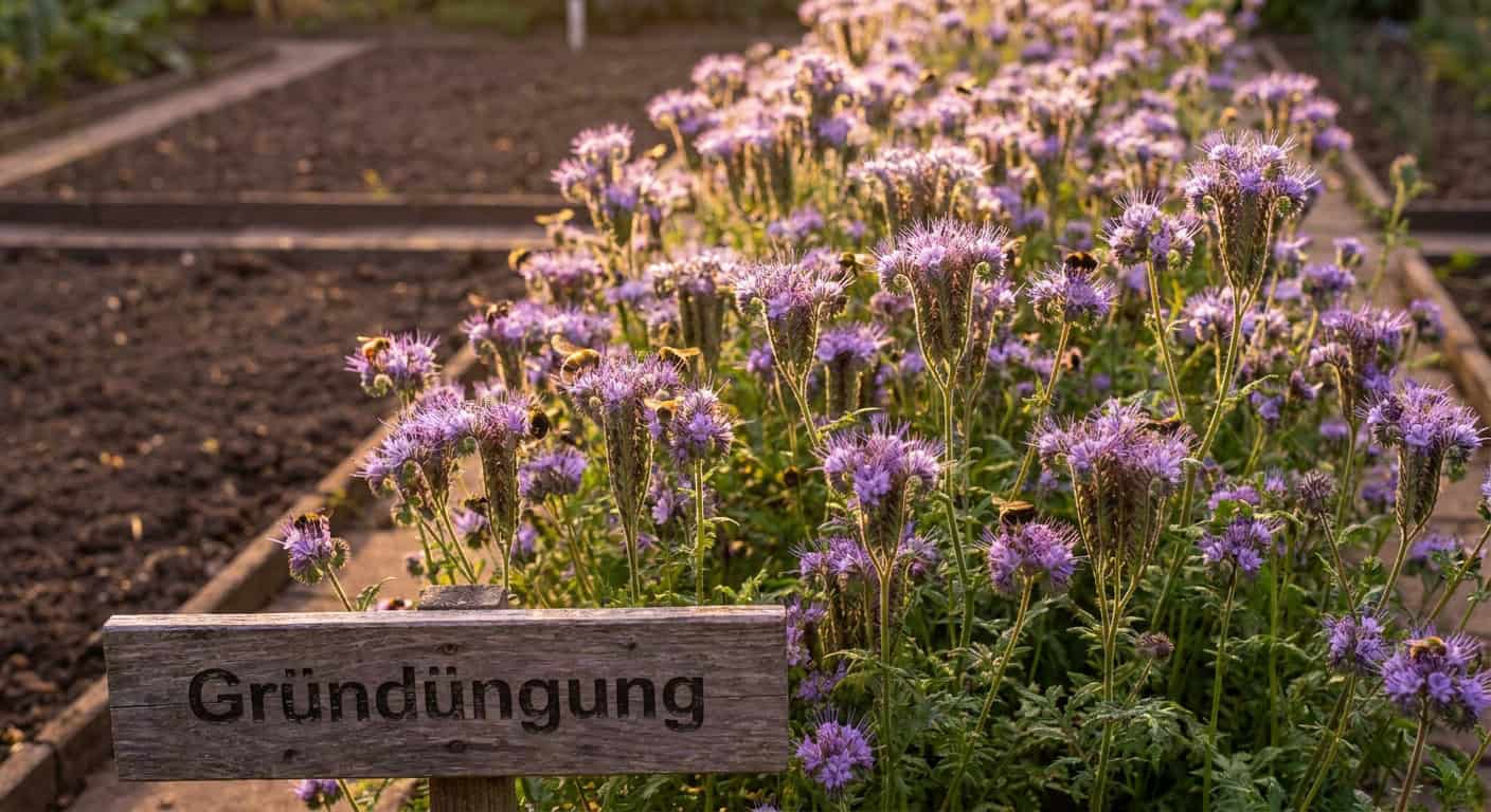 Gartenbeet dicht bewachsen mit blühender Phacelia in violett-lila, dutzende Bienen und Hummeln auf den Blüten. Die Nachbarbeete sind abgeerntet und kahl. Ein Holzschild im Beet liest „Gründüngung". Warmes Herbstlicht in Gold- und Violetttönen.