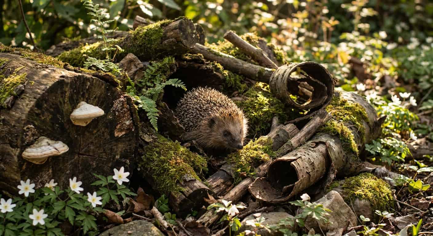Totholzhaufen aus Baumstämmen, Ästen und Rindenstücken in einer schattigen Gartenecke, teilweise mit Moos und Farnen bewachsen. Ein Igel schaut mit der Schnauze voran aus einer Lücke zwischen den Stämmen. Baumpilze wachsen an einem Stamm, Buschwindröschen blühen am Fuß des Haufens.