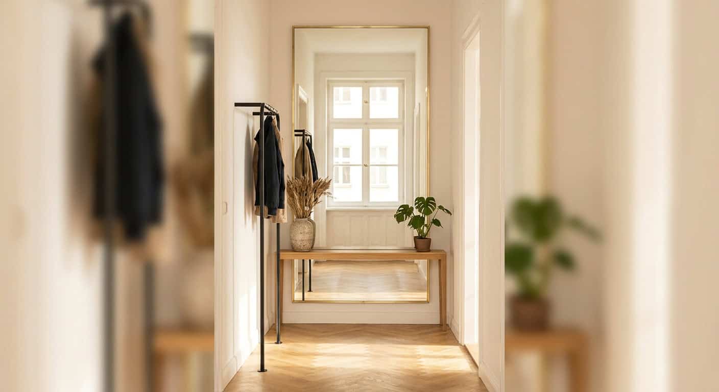 Schmaler Wohnungsflur mit einem großen, raumhohen Spiegel in schmalem Messingrahmen an der Stirnwand, der das Tageslicht vom gegenüberliegenden Fenster reflektiert. Darunter eine schmale Eichenkonsole mit Keramikvase und Monstera-Pflanze.
