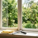 Streifenfrei geputzte Fensterscheibe mit Tageslicht, daneben gelbe Mikrofasertücher und Fensterabzieher auf weißer Fensterbank