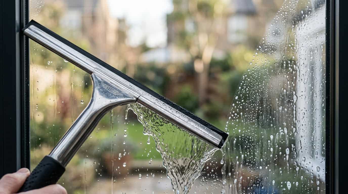 Fensterabzieher mit Gummilippe zieht Wasser in S-Bahn über eine Glasscheibe ab, klare Trennung zwischen nassem und bereits trockenem Bereich