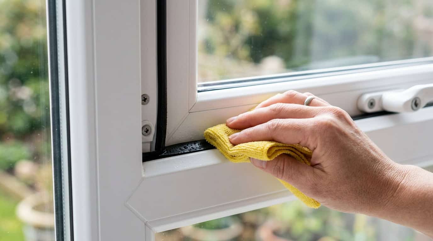 Hand wischt mit trockenem Mikrofasertuch entlang des unteren Fensterrahmens und der Gummidichtung – präzise Detailarbeit zum Schluss