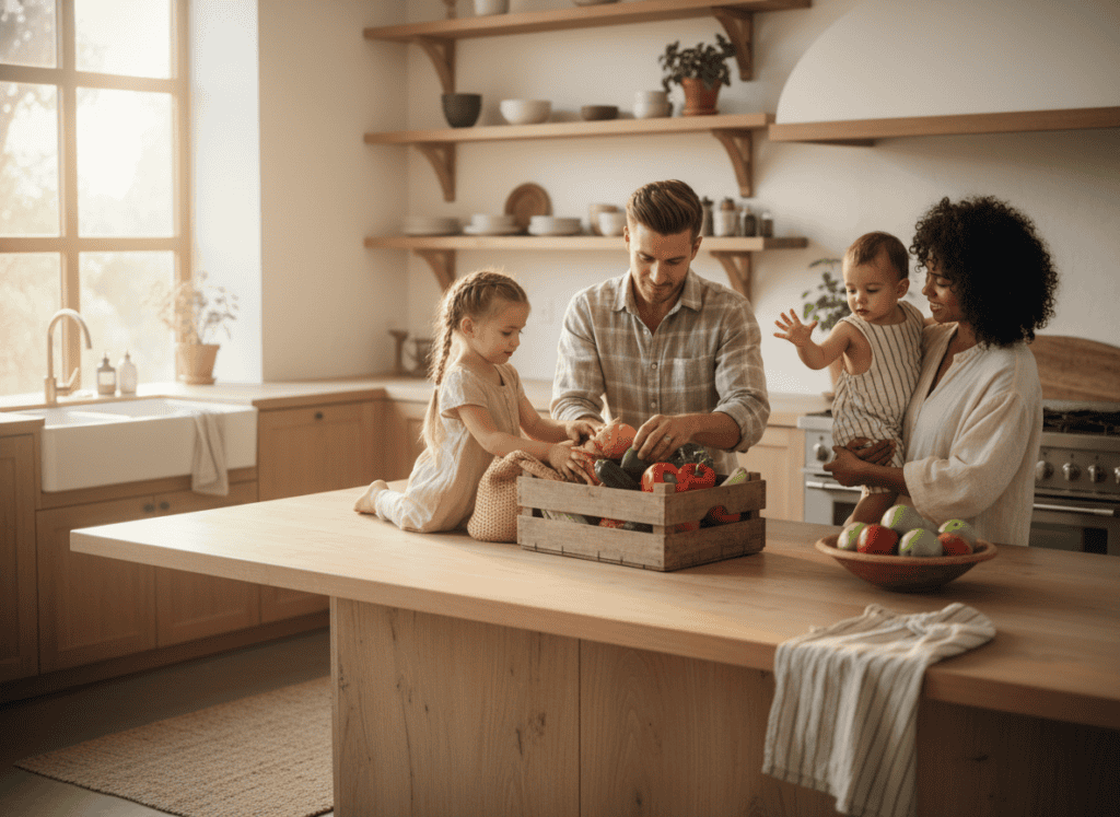 Junge Familie mit zwei Kindern in einer hellen Küche, die gemeinsam Gemüse aus einer Stofftasche in eine Holzkiste sortiert.