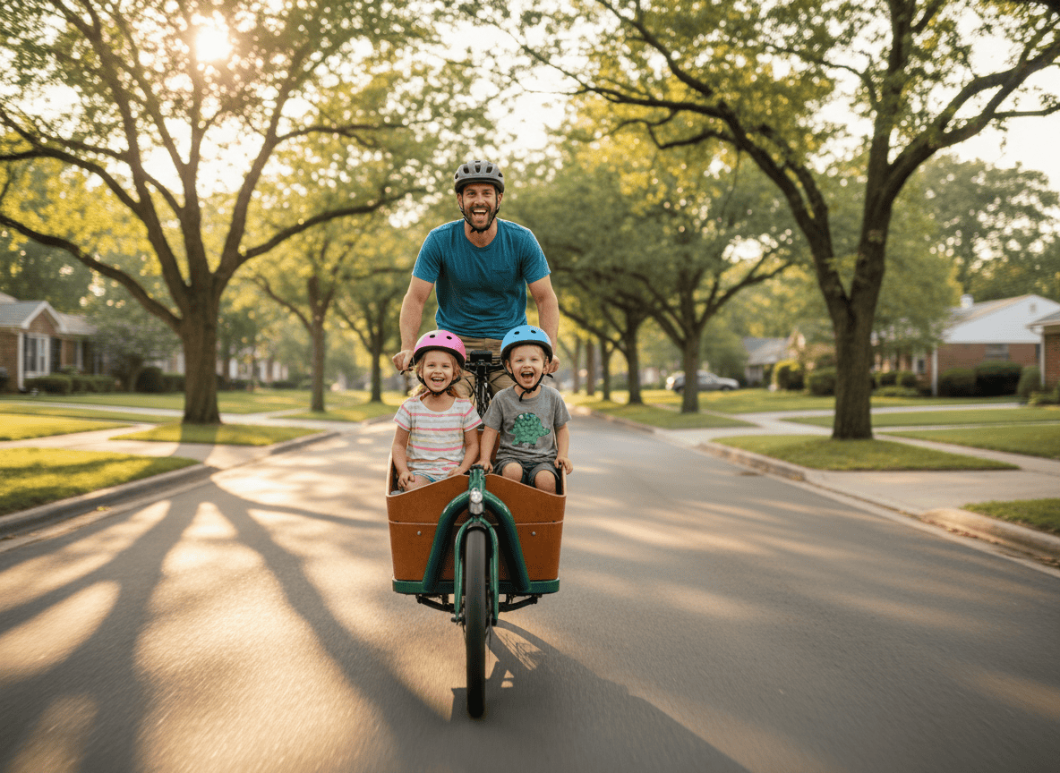 Ein Vater fährt mit seinen zwei lachenden Kindern in einem Lastenrad eine von Bäumen gesäumte Straße entlang im warmen Nachmittagslicht.