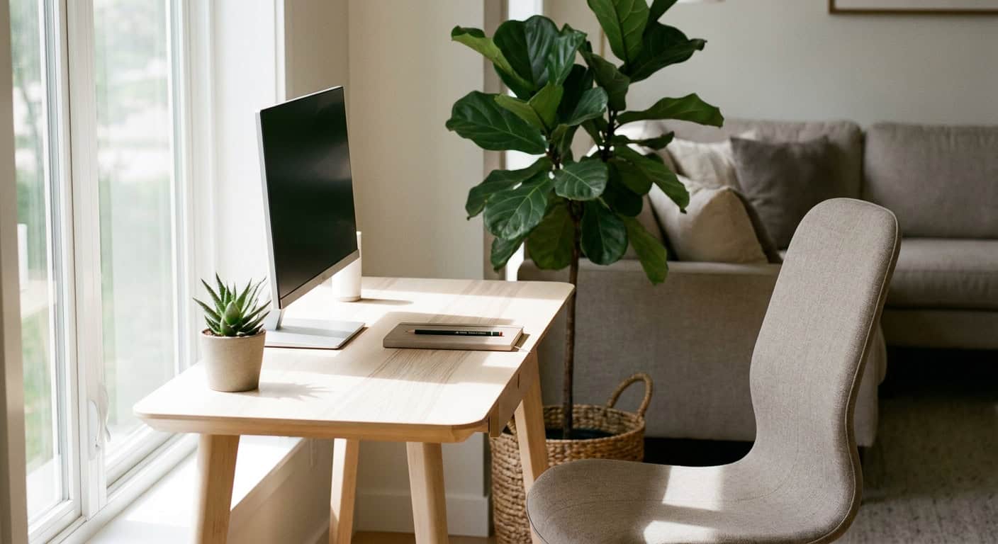 Home-Office-Nische im Wohnzimmer. Schmaler Schreibtisch in hellem Eschenholz seitlich zum Fenster aufgestellt, natürliches Seitenlicht von links auf der Arbeitsfläche. Dahinter eine große Geigenfeige im Korb als natürlicher Raumteiler. Auf dem Schreibtisch ein schmaler Monitor, ein Sukkulente im Topf, geschlossenes Notizbuch mit Faber-Castell-Stift. Ergonomischer Bürostuhl in Warmgrau. Im Hintergrund teilweise sichtbar das Wohnzimmersofa.